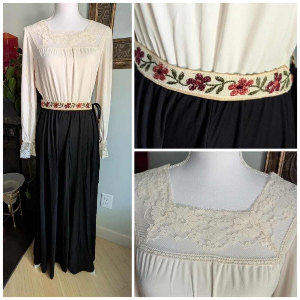Vtg 60s/70s Maxi Dress S/M Lace Trim With Flower Belt Long Sleeve Cream Black
